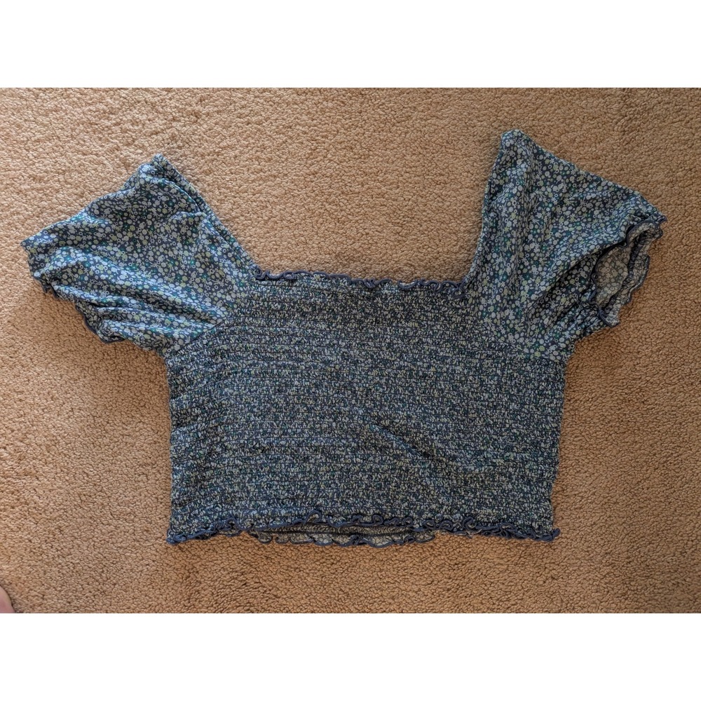 Aerie Smocked Crop Top Large Blue Green Ditsy Floral Square Neck Puff Sleeve - Picture 5 of 7